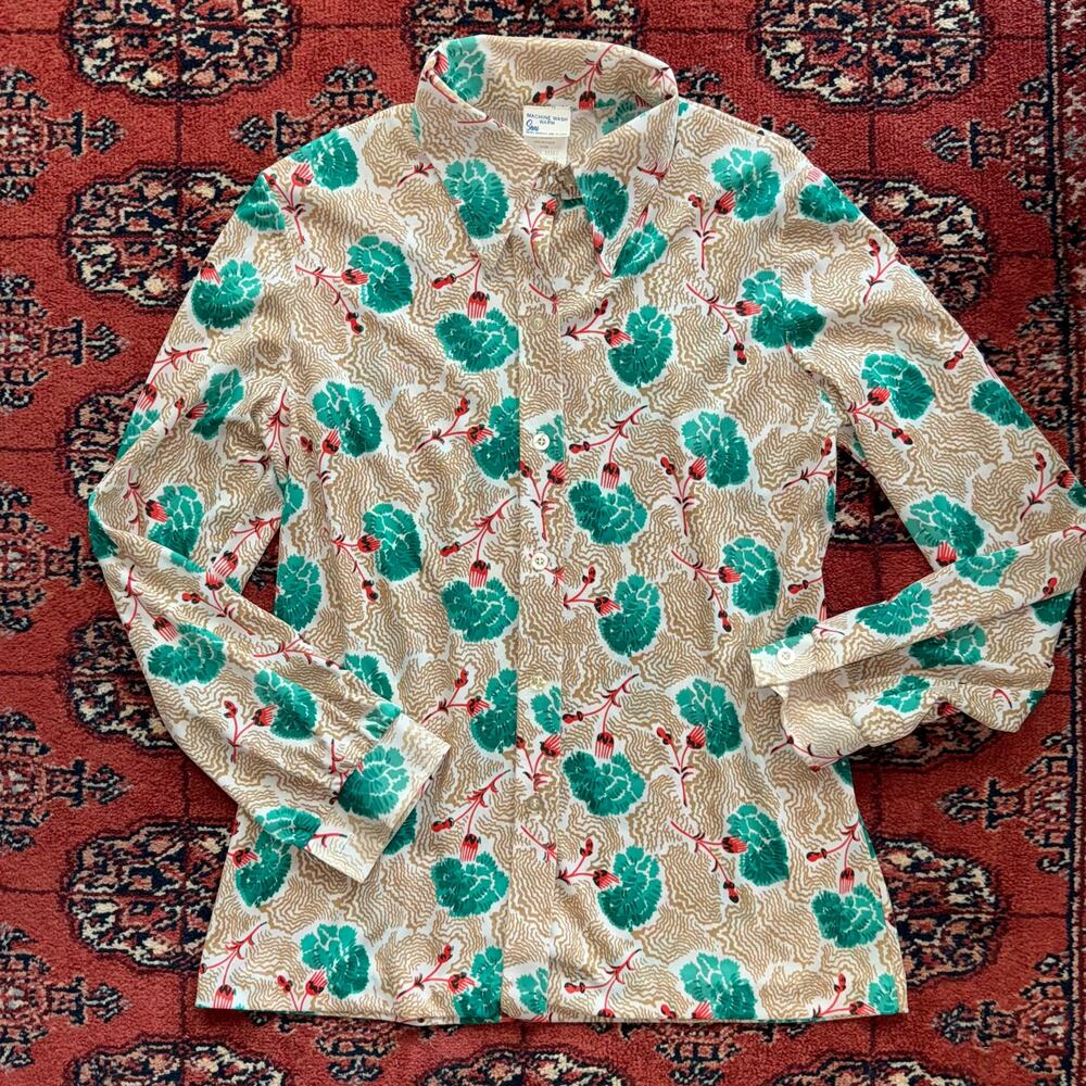 Sears True Vintage M Abstract Print Long Sleeve Button Front Stretch Poly Shirt